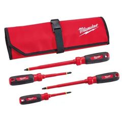 Milwaukee® 4-Piece 1000V Insulated Screwdriver Set with Roll Pouch #1 &amp; #2 Phillips, 1/4&quot; &amp; 3/8&quot; Slotted