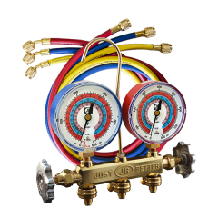 JustBetter® PATRIOT 2-Valve Brass Manifold with 3-1/8&quot; Gauges (°F) &amp; Charging Hoses 1/4&quot; x 1/4&quot; x 60&quot; (A2L - R32, R454B, R410A)