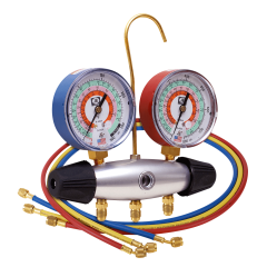 JustBetter® Zeppelin® 2-Valve Aluminum Manifold with 3-1/8&quot; Gauges (°F) &amp; CCLE-60 Charging Hoses 1/4&quot; x 1/4&quot; x 60&quot; (R22, R404a, R410a)