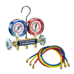 Yellow Jacket® Series 41 2-Valve Brass Manifold Kit with 3-1/8&quot; Gauges (°F) Plus II™ Charging Hoses 1/4&quot; x 1/4&quot; x 60&quot; (R22, R404a, R410a)