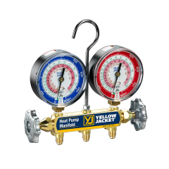 Yellow Jacket® 2-Valve Brass Heat Pump Manifold with 3-1/8&quot; Gauges (°F) (R22, R407c, R410a)