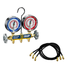 Yellow Jacket® 2-Valve Brass Heat Pump Manifold Kit with 3-1/8&quot; Gauges (°F) Plus II™ Charging Hoses 1/4&quot; x 1/4&quot; x 60&quot; (R22, R407c, R410a)