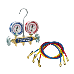 Yellow Jacket® Series 41 2 -Valve Brass Manifold Kit with 2-1/2&quot; Gauges (°F/°C) &amp; Plus™ II™ Charging Hoses with Ball Valves 1/4&quot; x 1/4&quot; x 60&quot; (R410a)